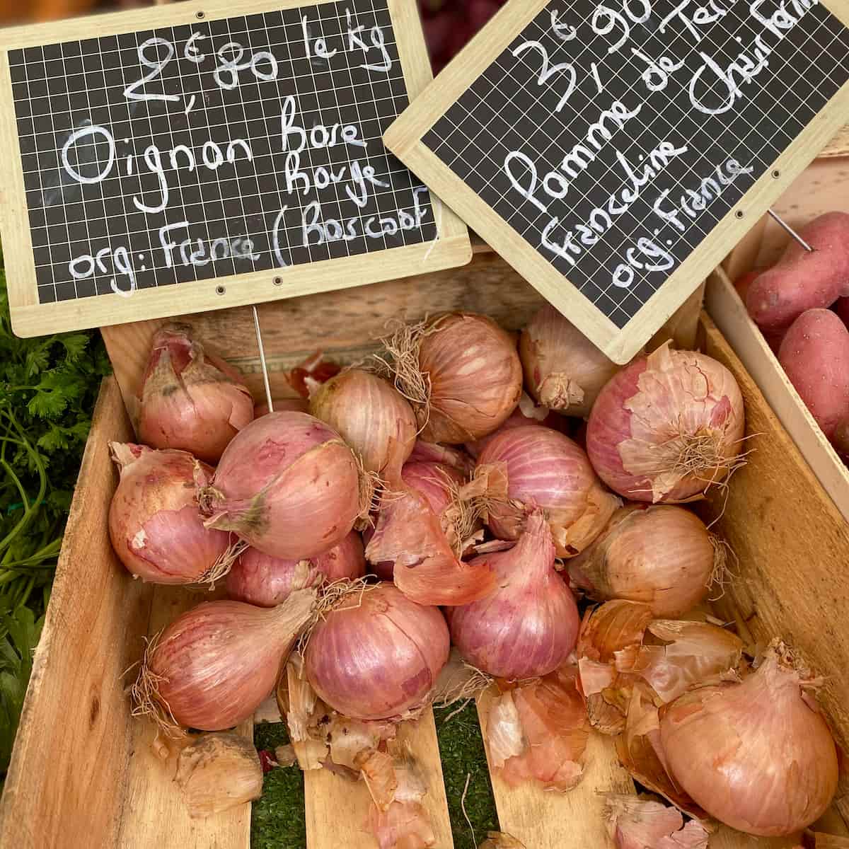 crate of pink onions at the French market from Roscoff