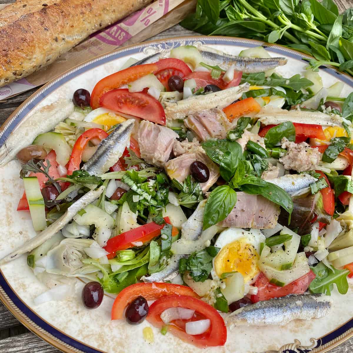 large plate of composed salad with tomatoes, anchovies, tuna, olives
