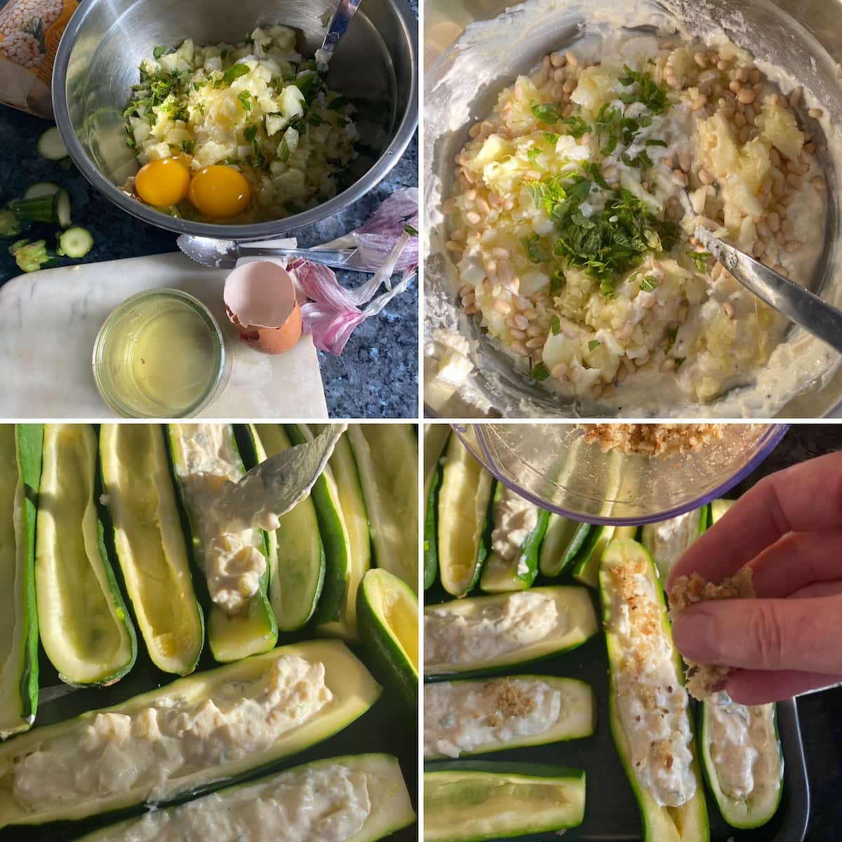 mixing courgette pulp with egg yolks, pine nuts, cheese and herbs and topping zucchini boats with breadcrumbs