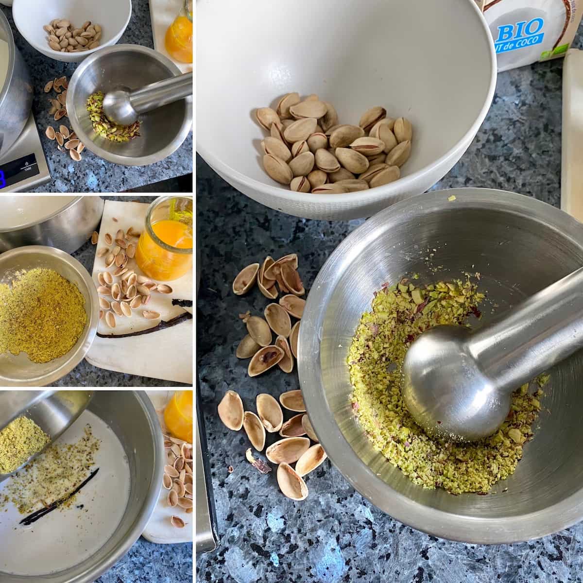 grinding pistachio nuts and preparing egg yolks with warming coconut milk, vanilla and milk