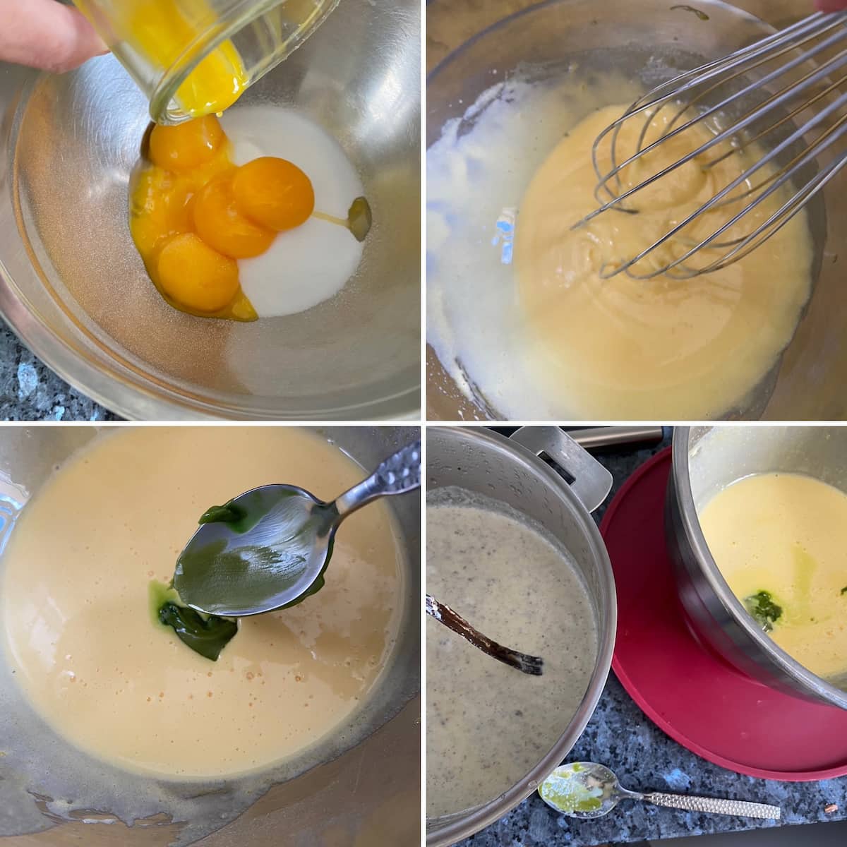 whisking up egg yolks with sugar then adding wasabi paste and tempering with the hot milk