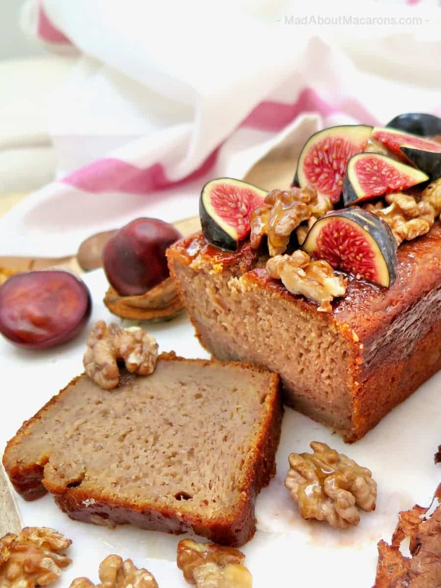 super moist banana nut bread with walnuts and decorated with chopped fresh figs