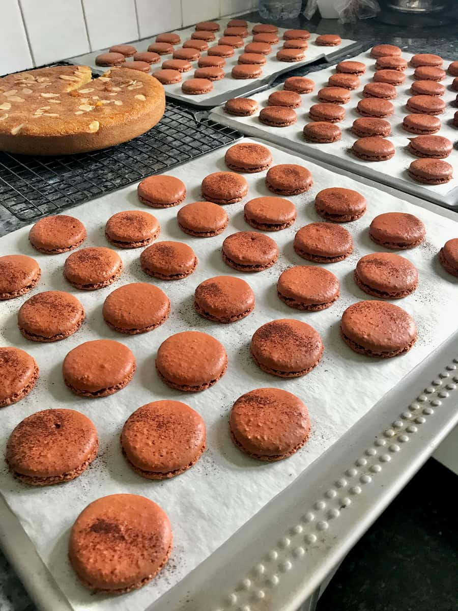 trays of baked chocolate macaron shells on the counter