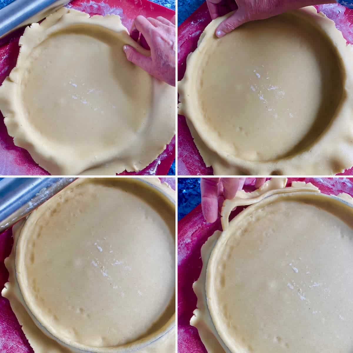 4 steps how to press pâte sucrée dough well into a tart tin or ring