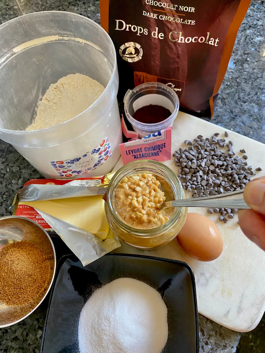 ingredients to make the cookie dough with flour, dark chocolate chips, vanilla powder, an egg, butter, peanut butter, baking powder, brown and white sugar