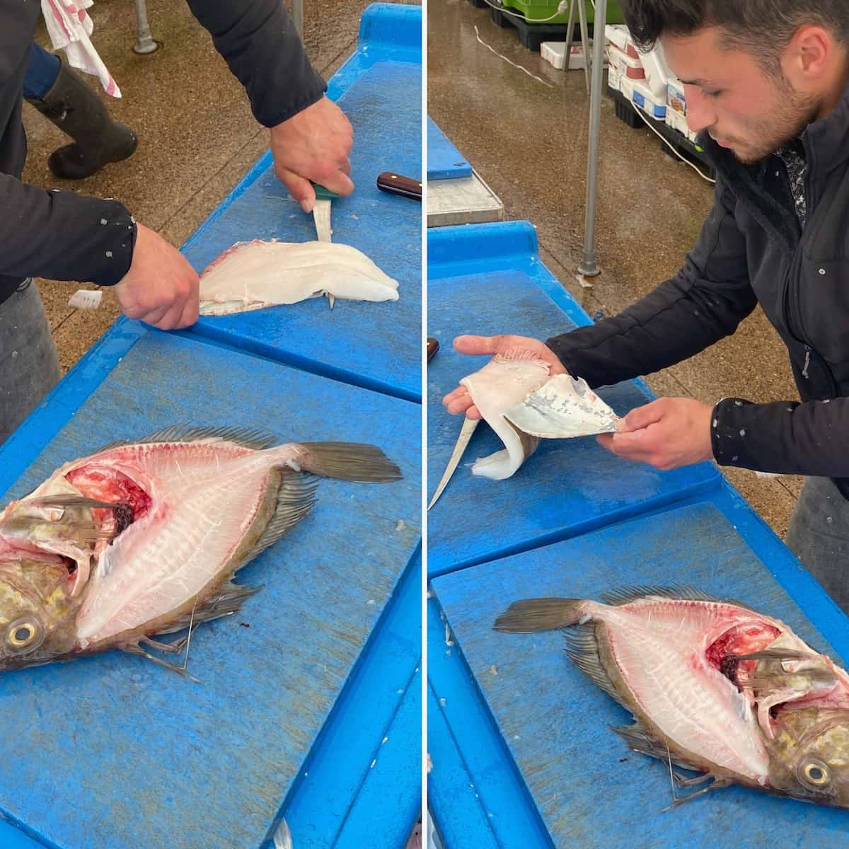 fishmonger filleting a flat white fish at the market