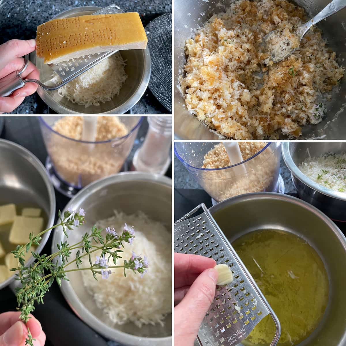grate parmesan cheese, add to mixed breadcrumbs, melted butter, garlic and fresh thyme herbs