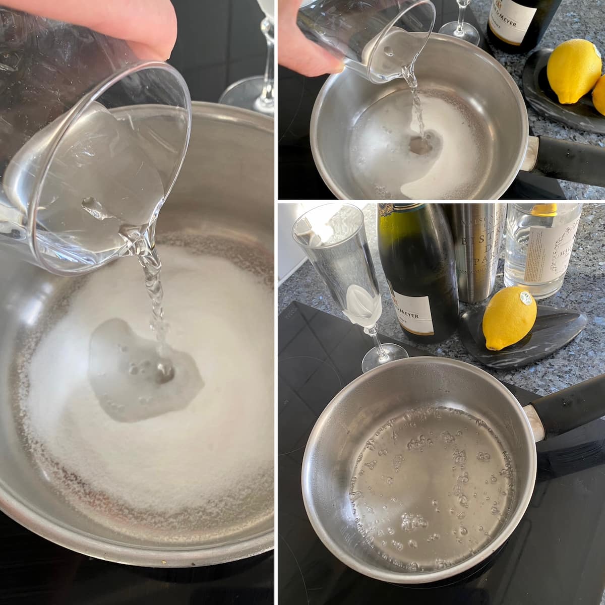making a simple syrup with water and sugar and boiling it in a pan until clear and thicker