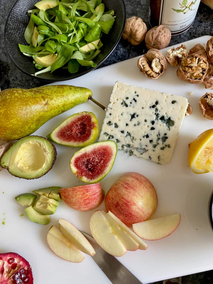 Roquefort cheese together with classic French partners such as walnuts, pear, figs, apple and avocado