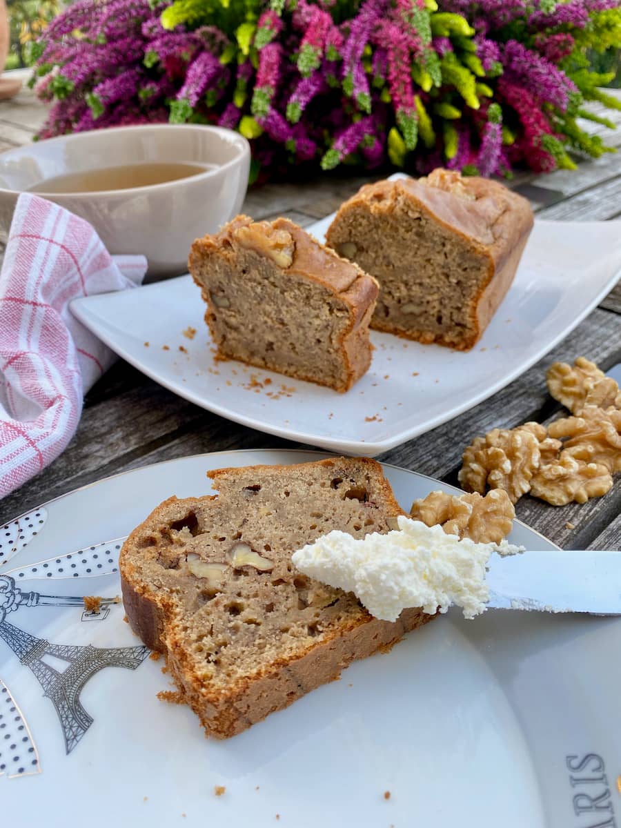 moist banana cake with coffee and walnuts seen in a slice