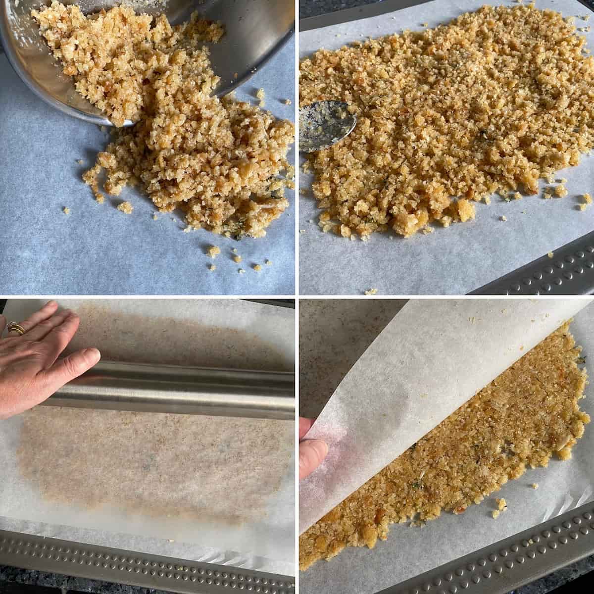 spread the breadcrumb mixture on a lined baking sheet, top with parchment paper and flatten with a rolling pin