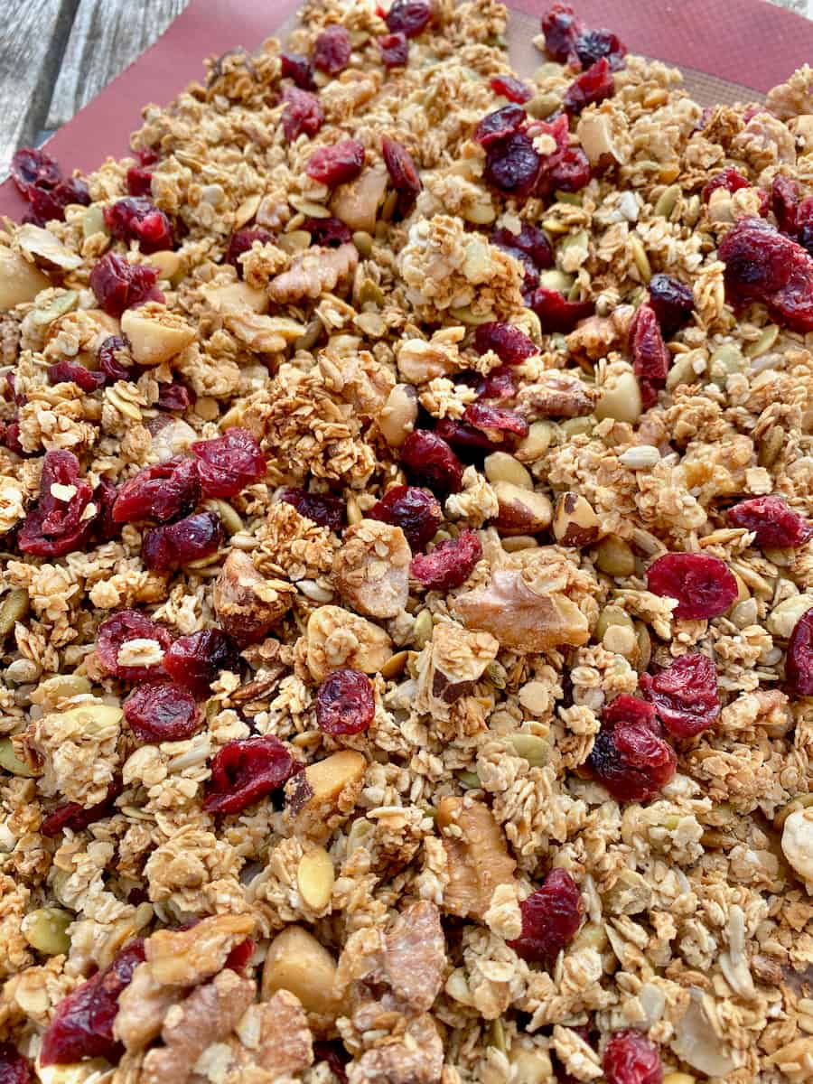 layer of homemade crunchy oats in maple syrup, brazil nuts, seeds and topped with red cranberries