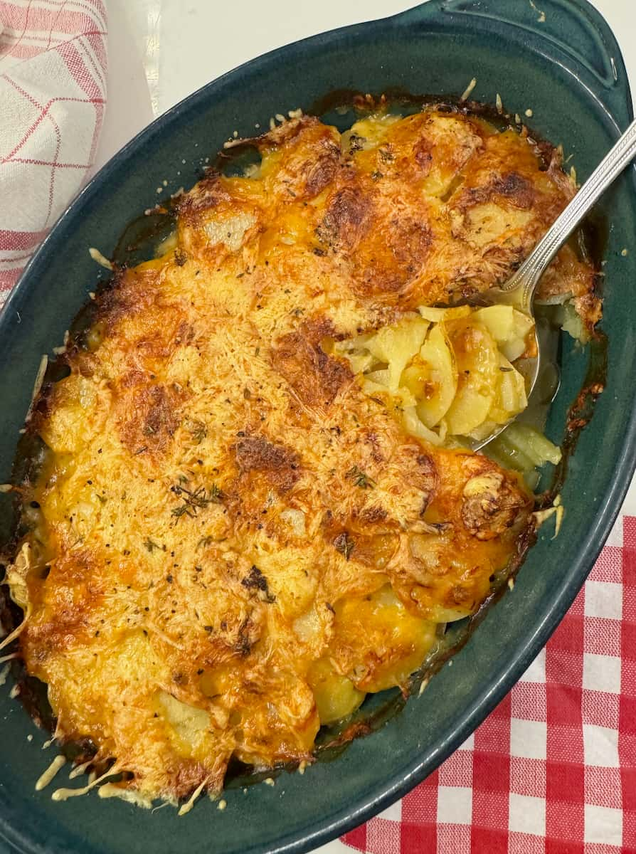 gratin dish of cheesy potatoes