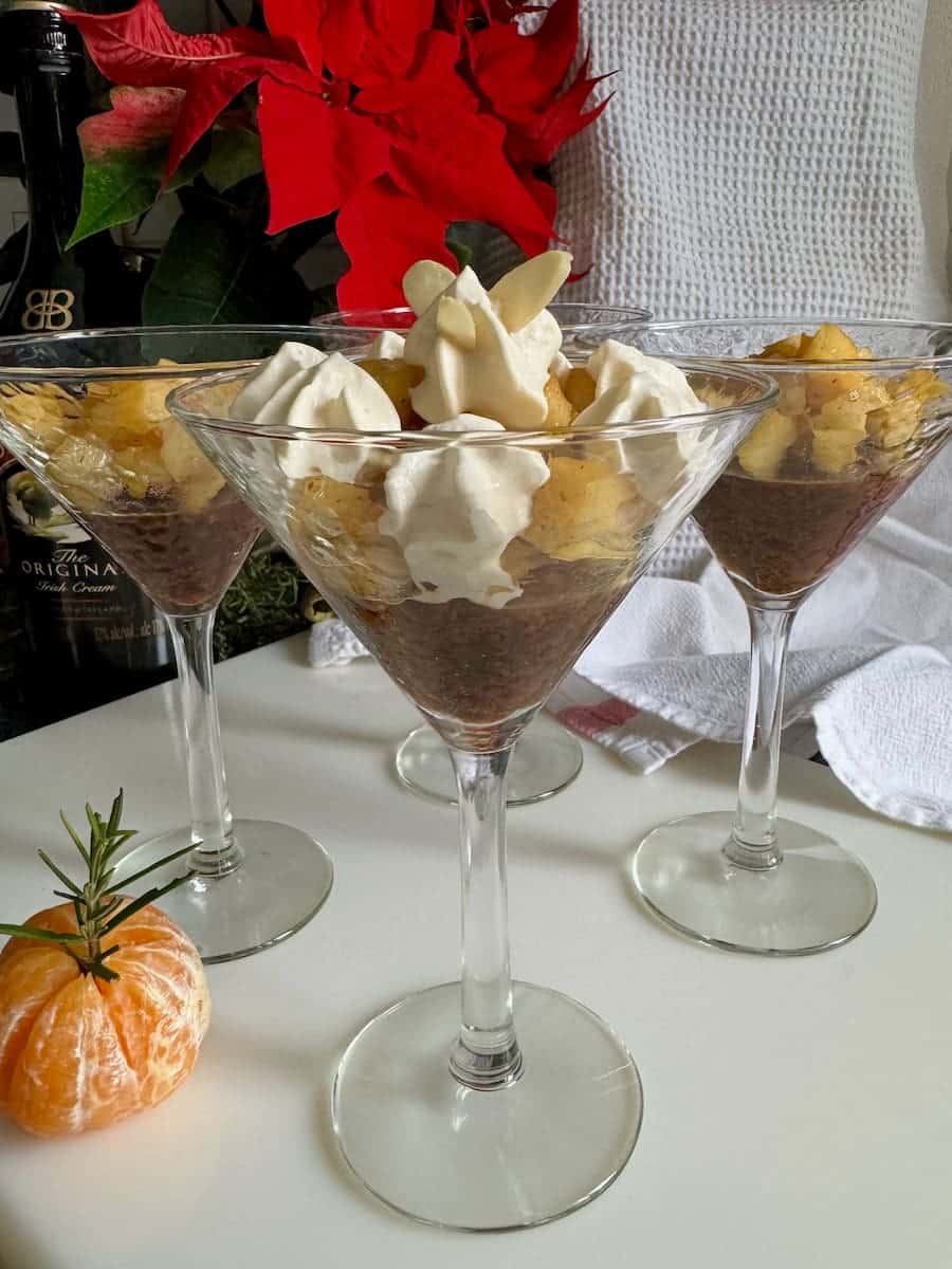 long stemmed cocktail glasses with gingerbread trifles