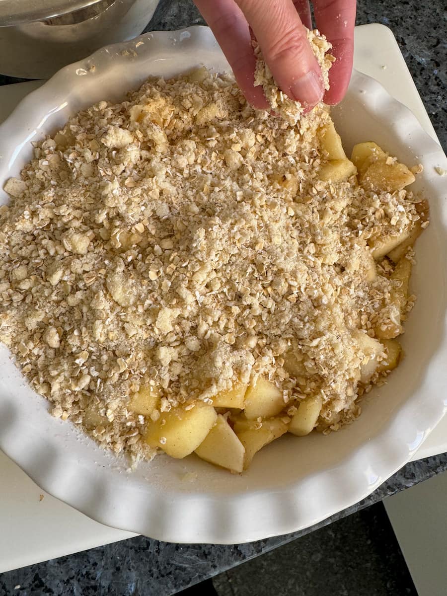 sprinkling on a crumbly mixture of oats, flour, butter and sugar over fried apple chunks