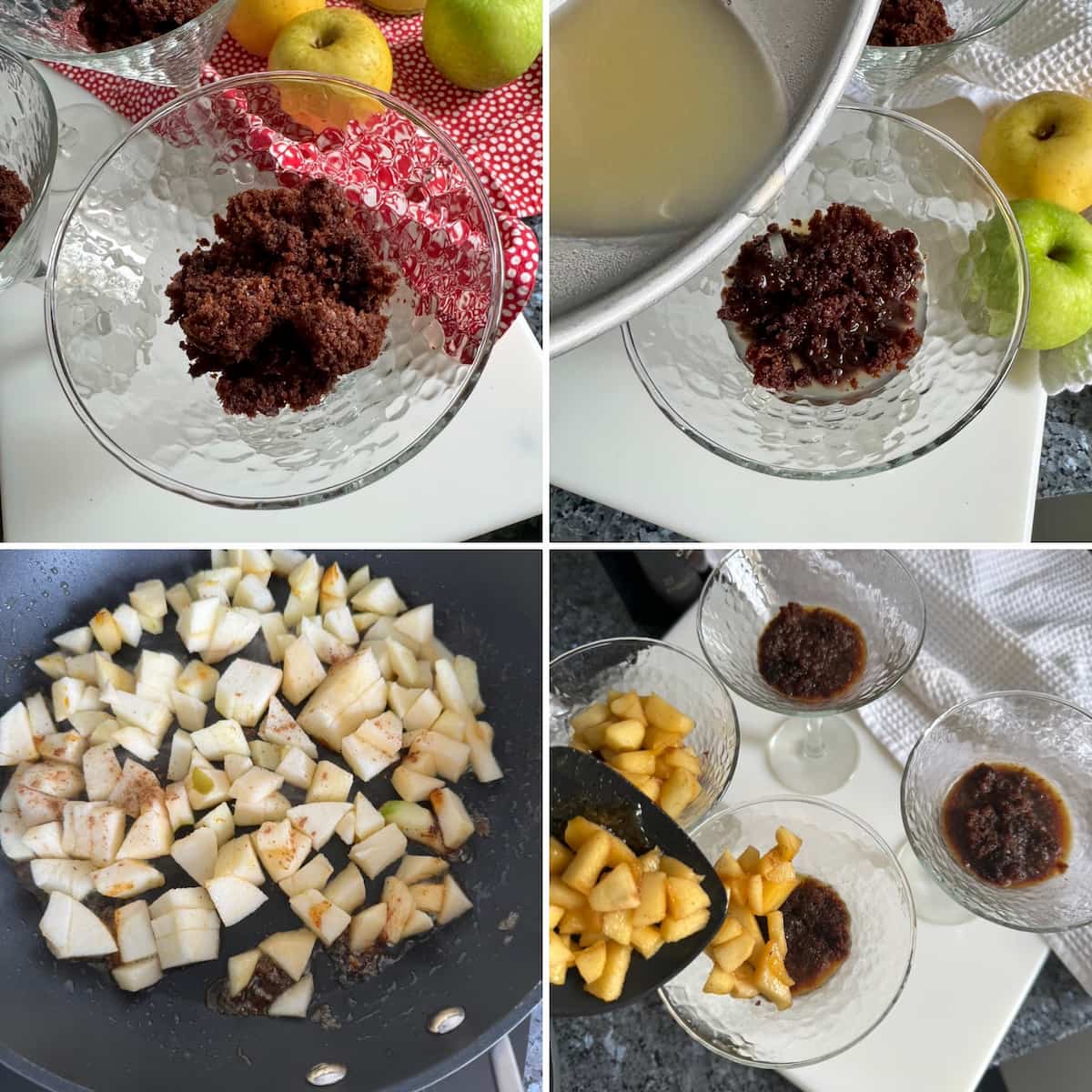 recipe steps to make individual desserts with jelly, cake and caramelised apples