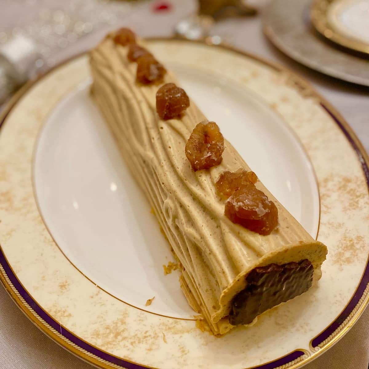 ice cream log topped with candied chestnuts