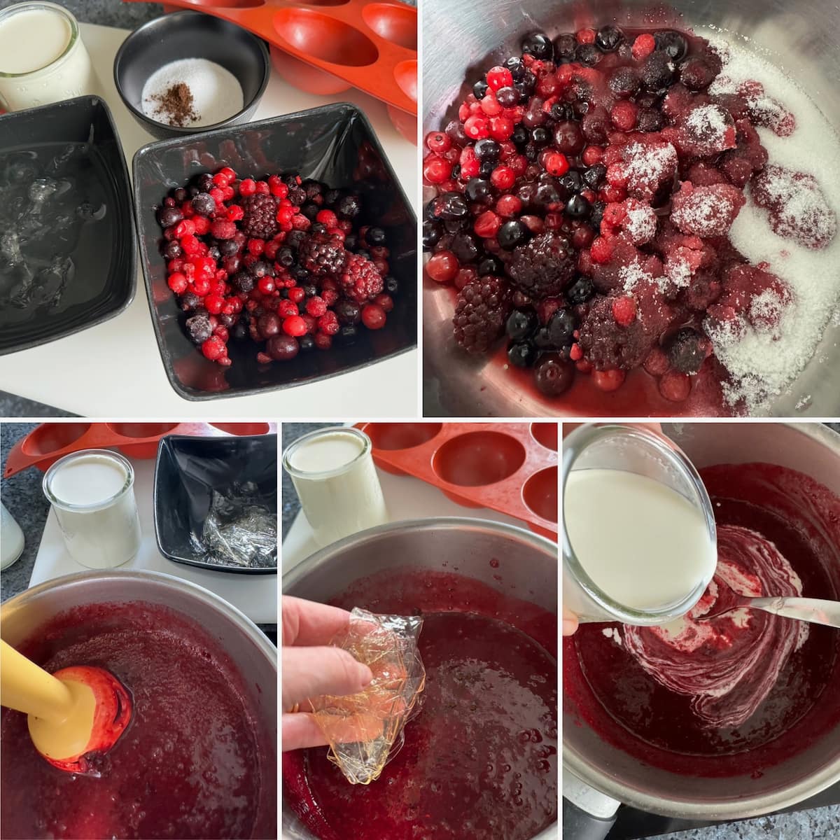 Bavarois recipe steps of mixing berries together with gelatine and cream