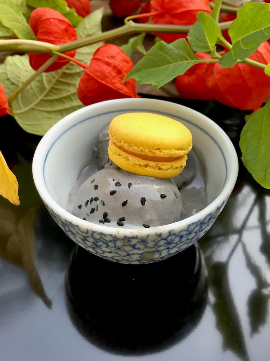Japanese bowl of black sesame ice cream topped with a yuzu macaron