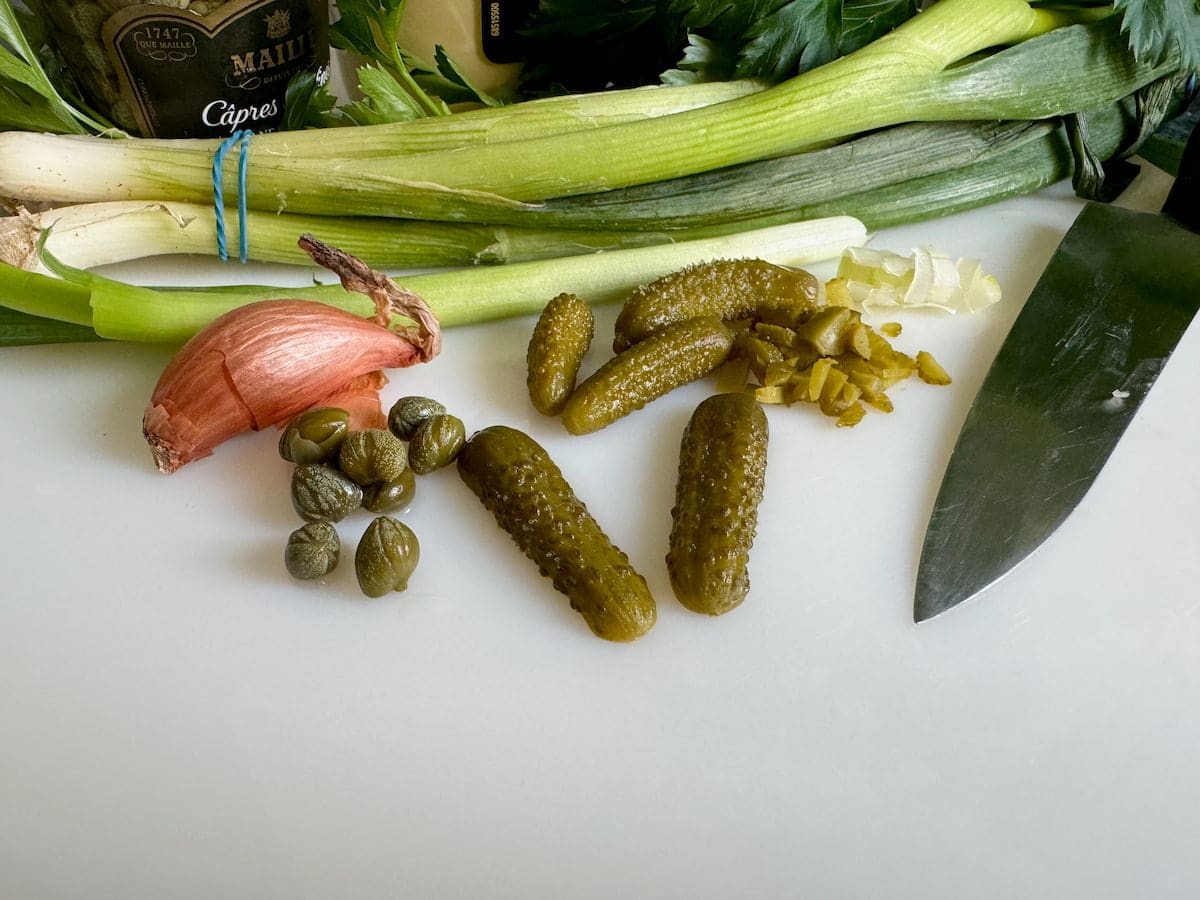 pickled gherkins, capers with a shallot and spring onions