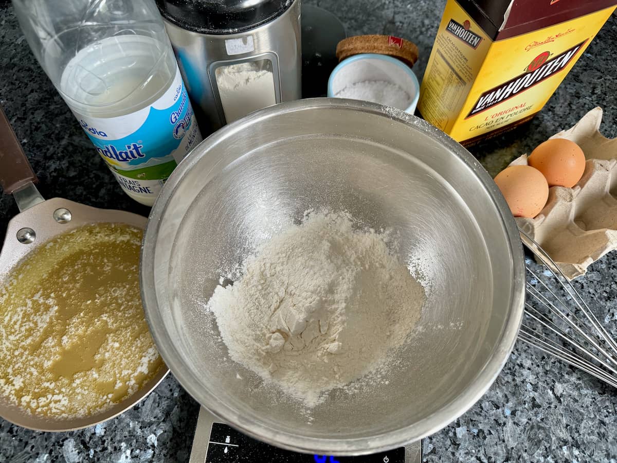 ingredients for crepe batter with cocoa powder