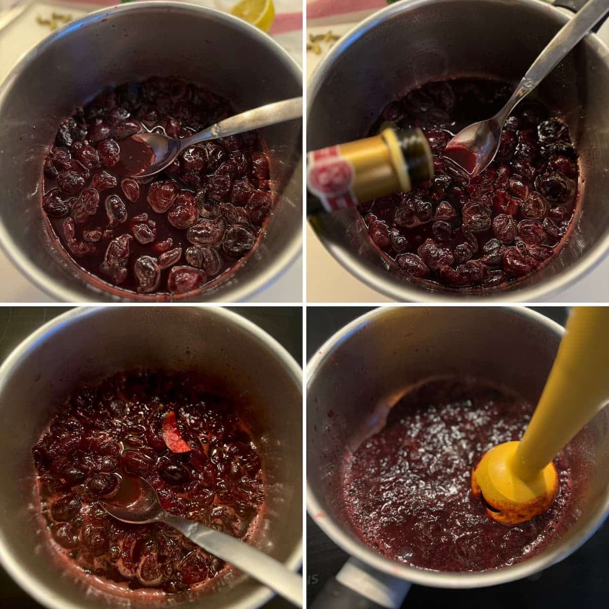 cherry sauce recipe steps heating pitted cherries, adding lemon and balsamic vinegar then blending