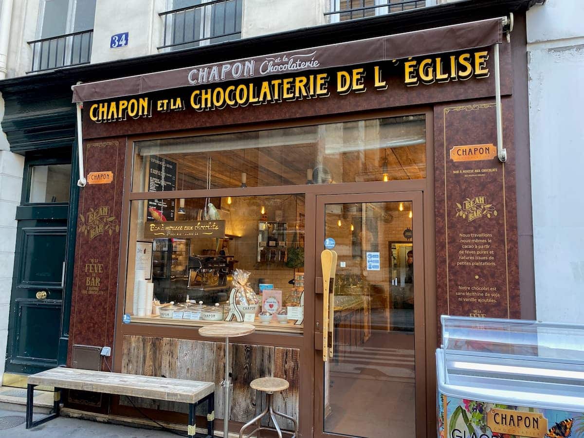 storefront of one of Chapon's chocolate shops in Paris, the colour of a tablet