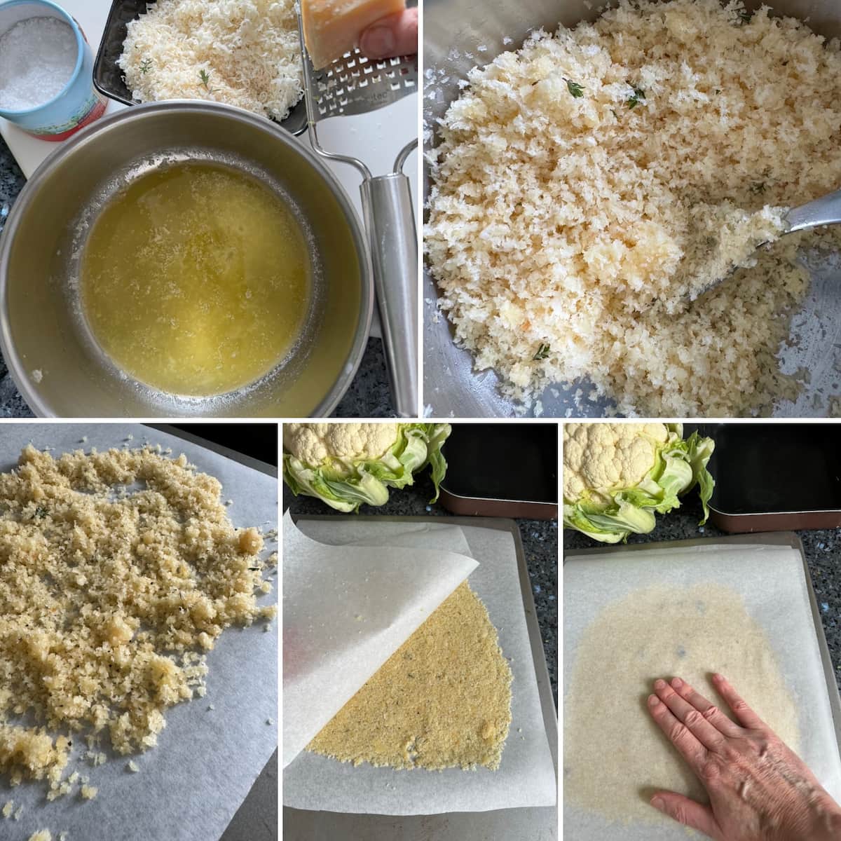 step by step melting butter and adding parmesan and breadcrumbs to create a thin sheet