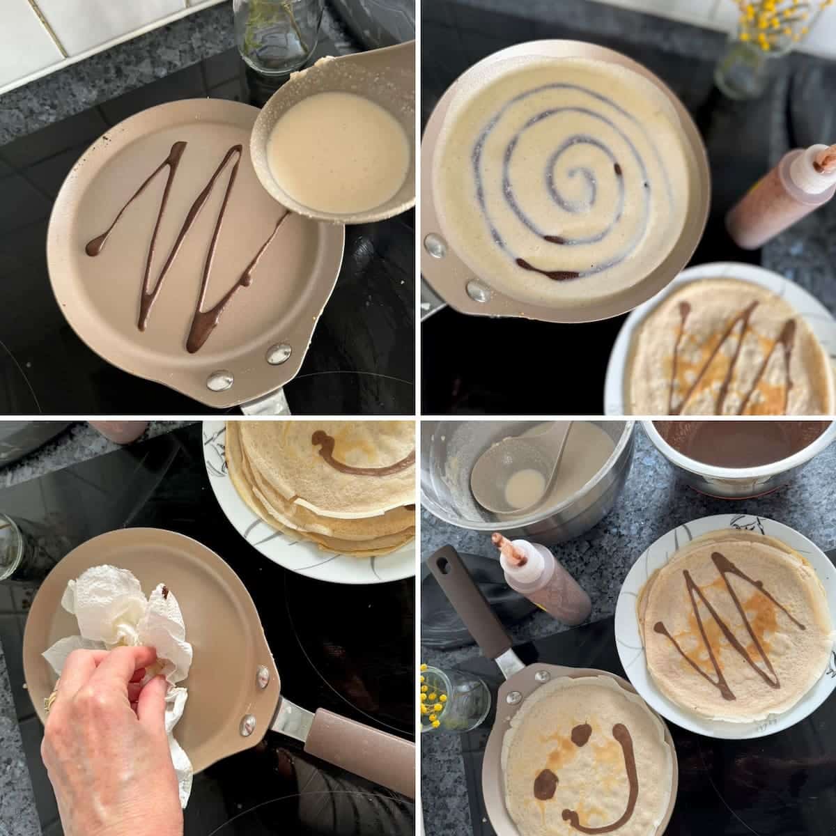 steps to make the thinnest French pancakes with fun chocolate designs