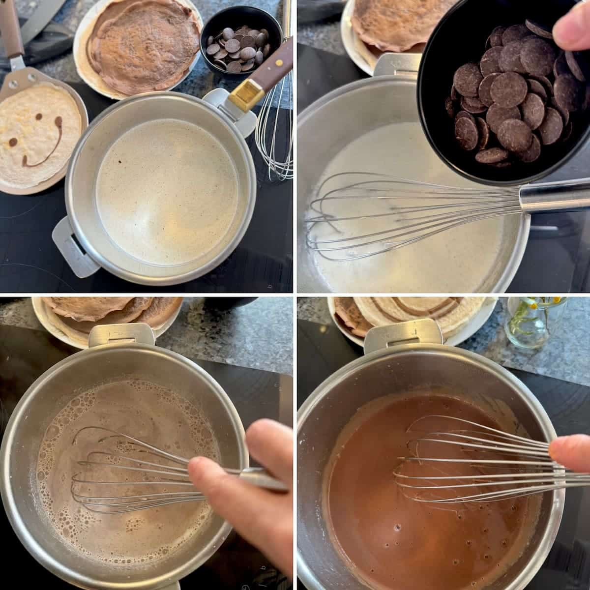 whisking chocolate into hot milk and cream