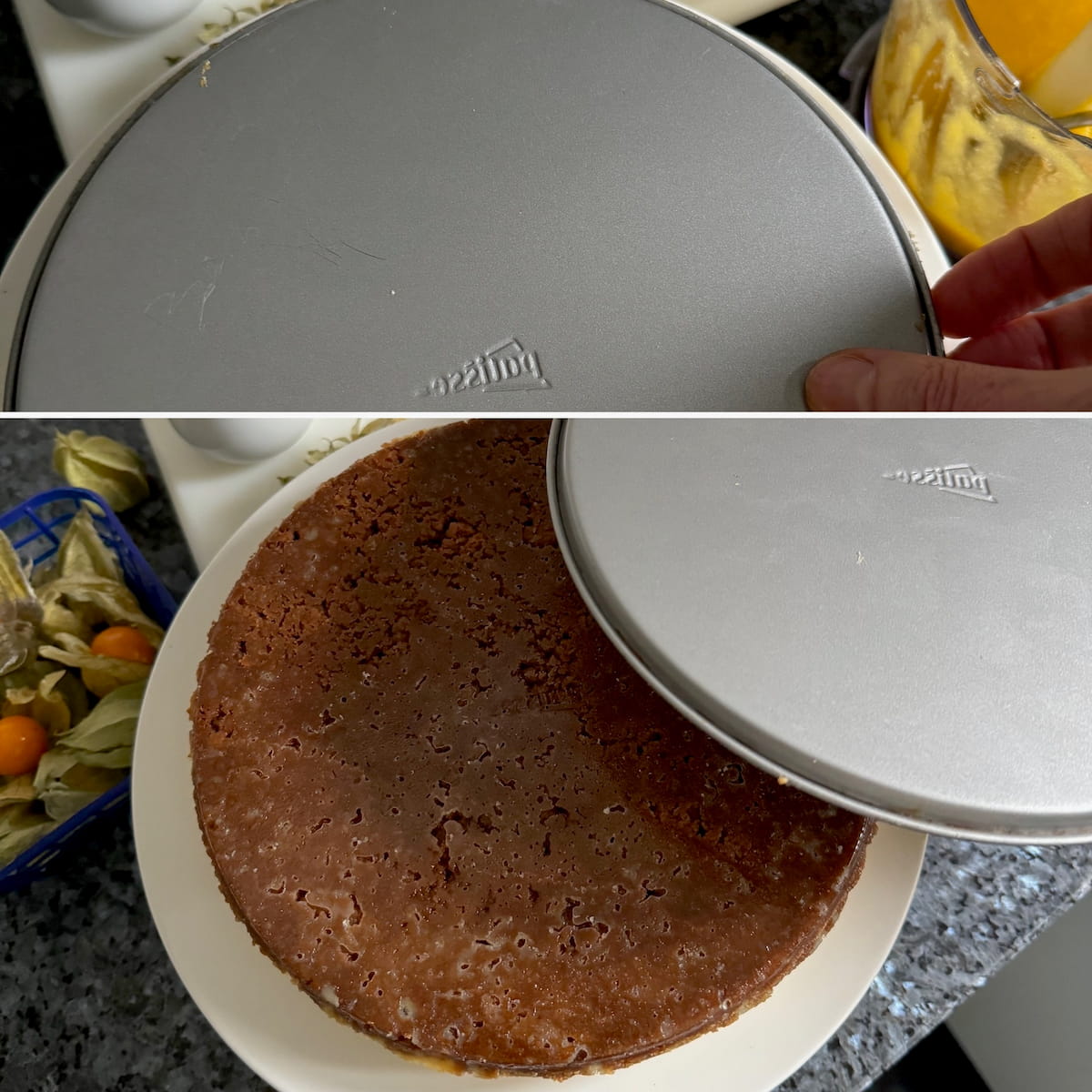 releasing a cheesecake base from a springform baking tin base
