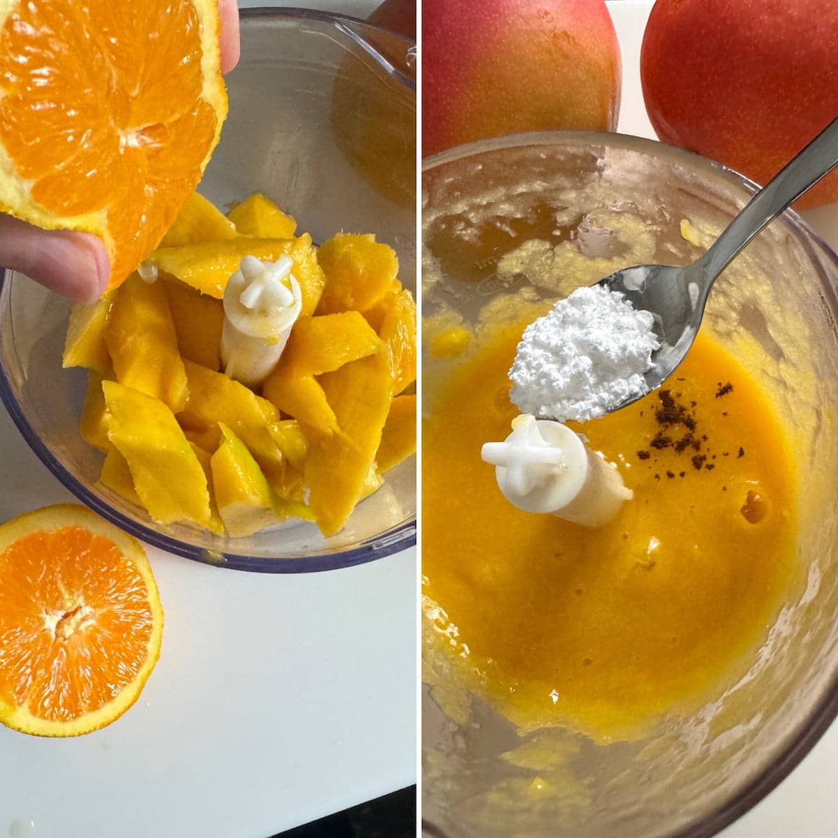 mixing chopped fresh sweet mango to a pulp with a little squeezed orange juice and powdered sugar