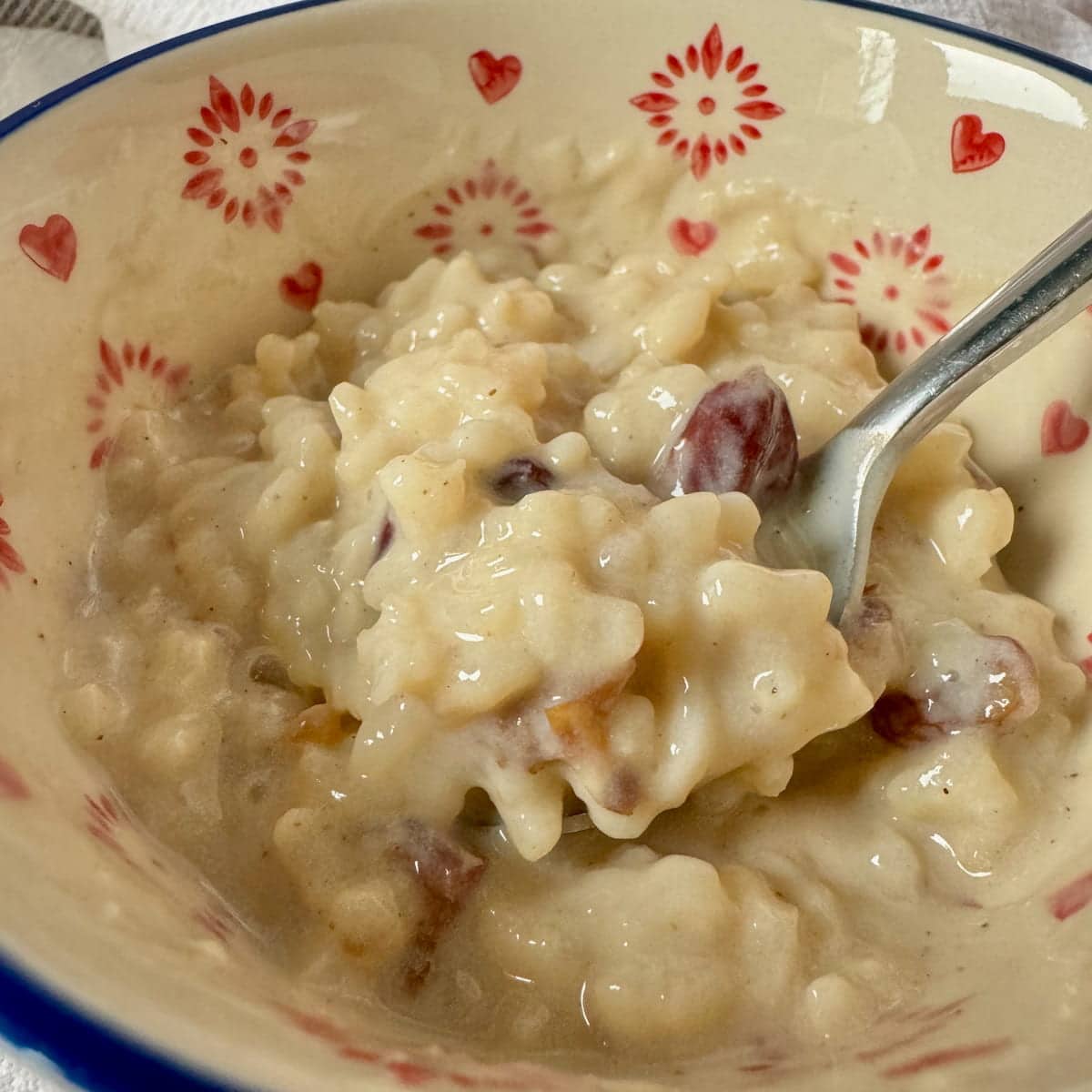 bowl of creamy vegan rice pudding made with almond milk