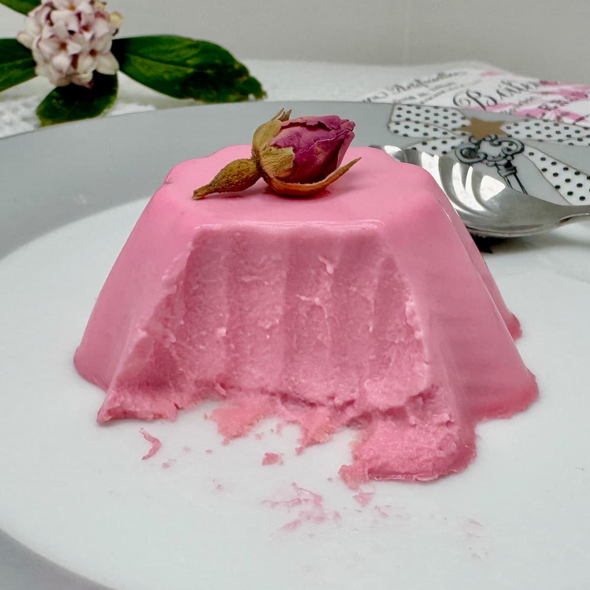 pink panna cotta dessert made with white chocolate and rose