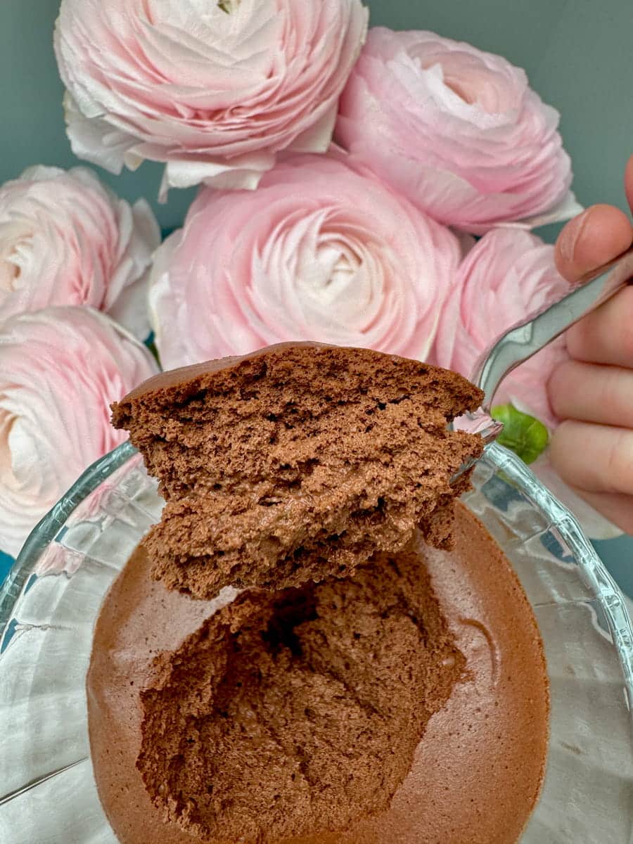 large spoonful of a dry and airy textured chocolate mousse using 100 percent cacao
