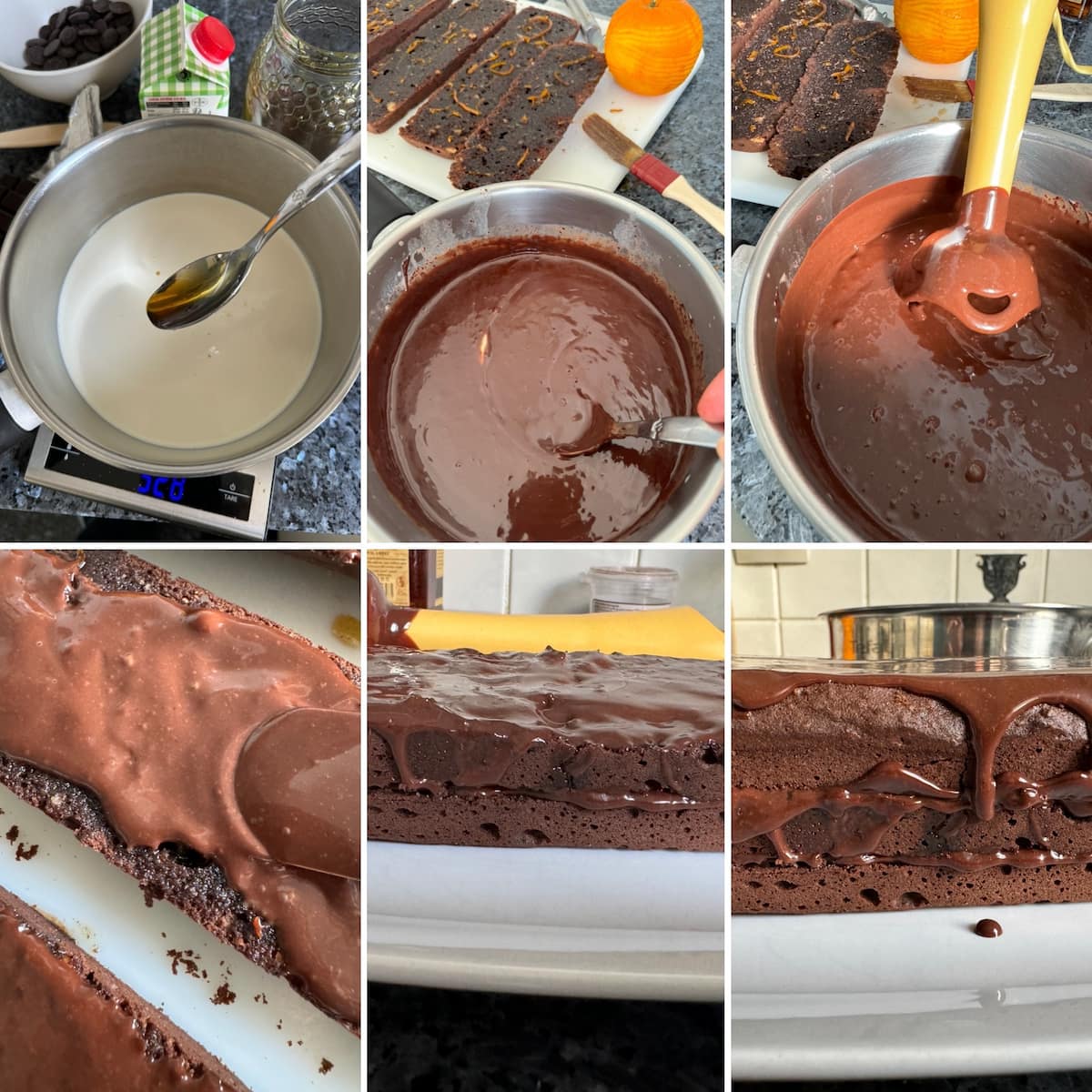 6 steps of heating cream with honey, melting in chocolate and butter then spread over the cake layers