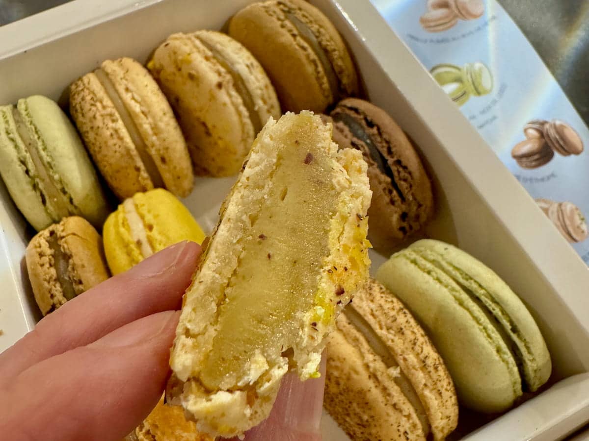 the best macaron look is found by cutting it in half to show how fondant it is inside