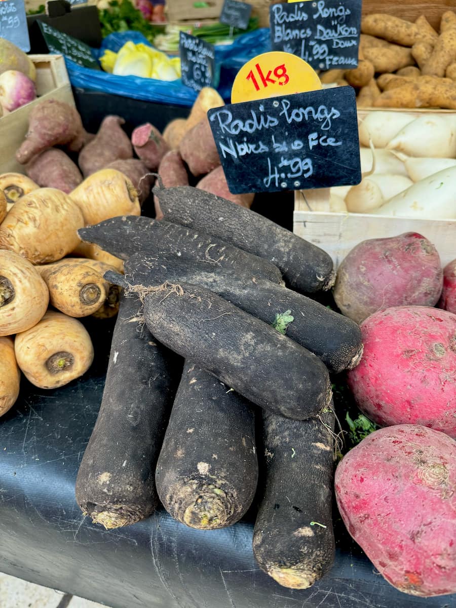 black radishes at the farmers' market in France