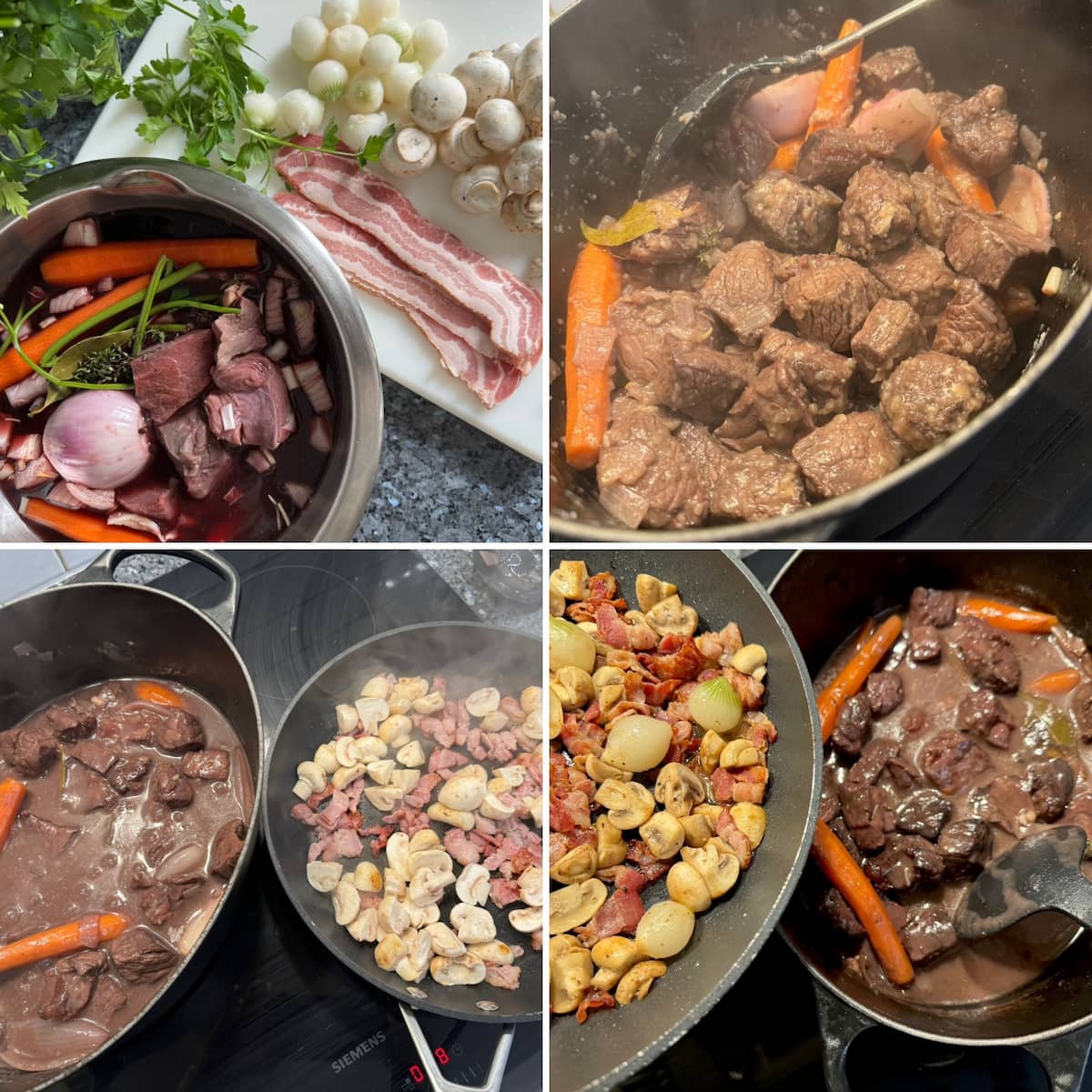 four recipe steps of cooking Burgundy beef stew in red wine and garnish