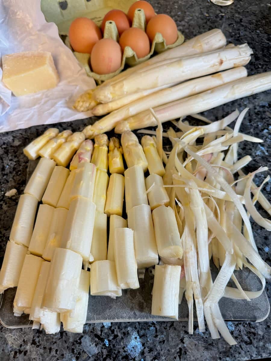 peeled white asparagus cut into chunks with peelings used for the stock