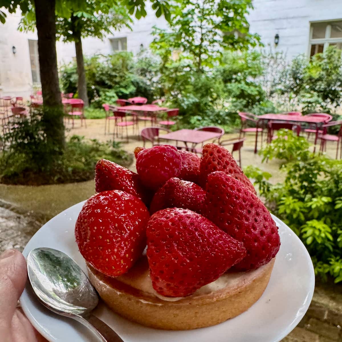 strawberry tart at café Mulot's courtyard in Victor Hugo's house and garden