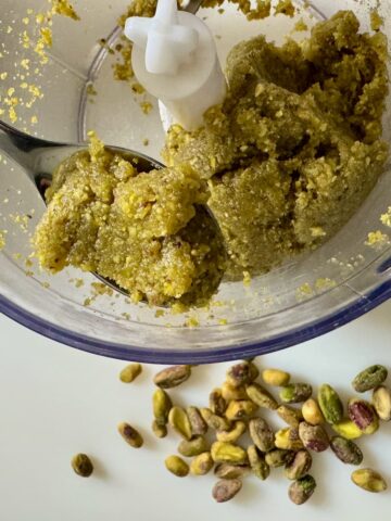 ground pistachios with water and vanilla to make a pistachio paste