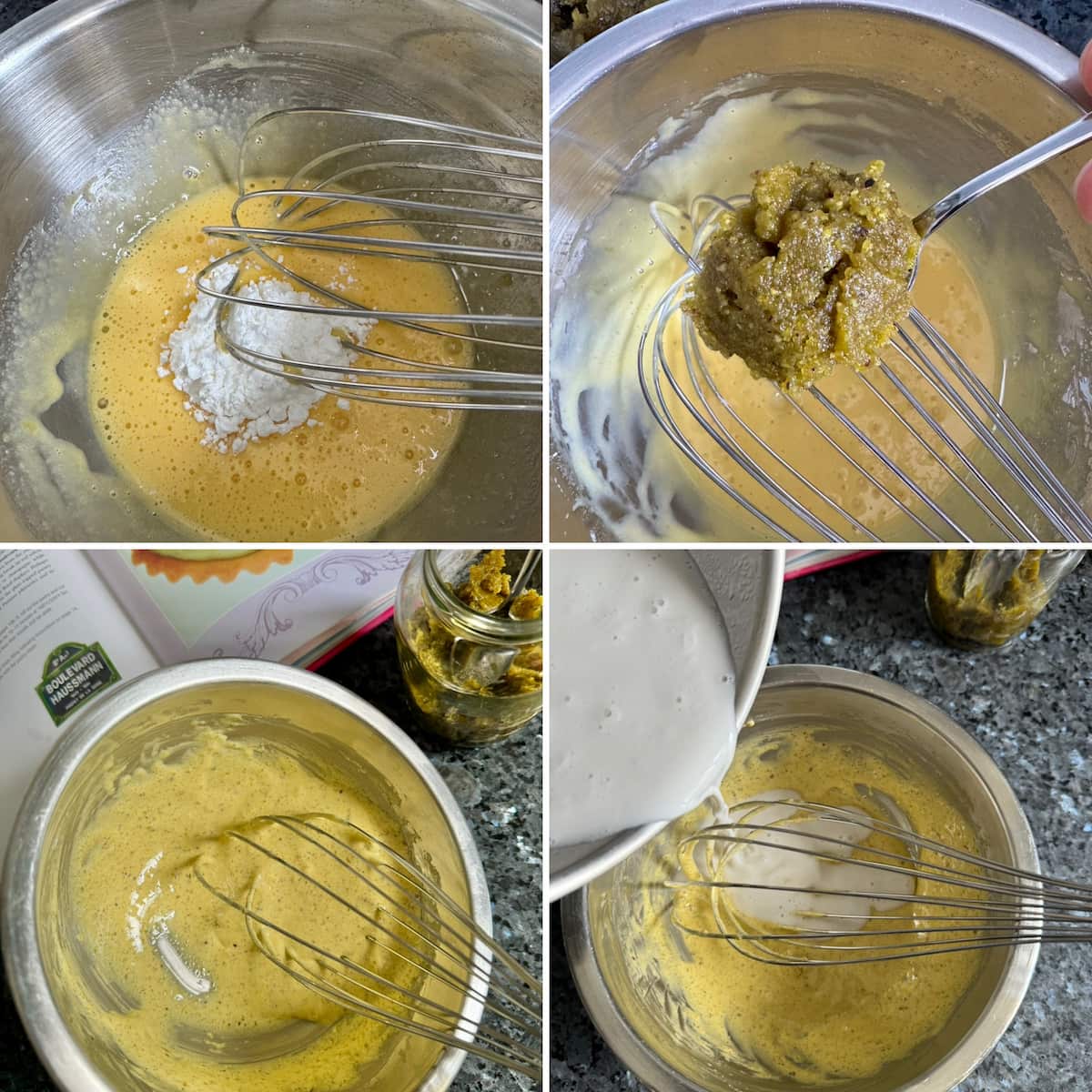 whisking cornflour, pistachio paste and hot milk into egg yolks and sugar to make pastry cream