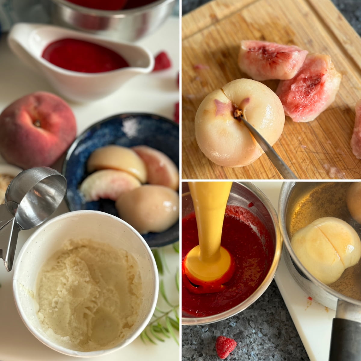 peach melba recipe steps of poaching the peaches in vanilla syrup, cutting them and blitzing the raspberries to a sauce