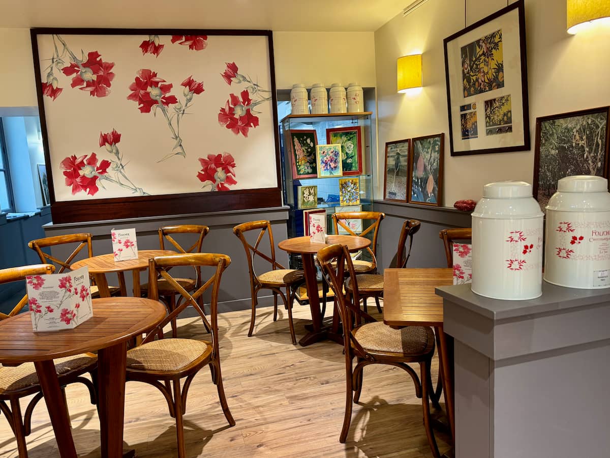small tea salon at the back of a Parisian chocolate shop in rue du Bac