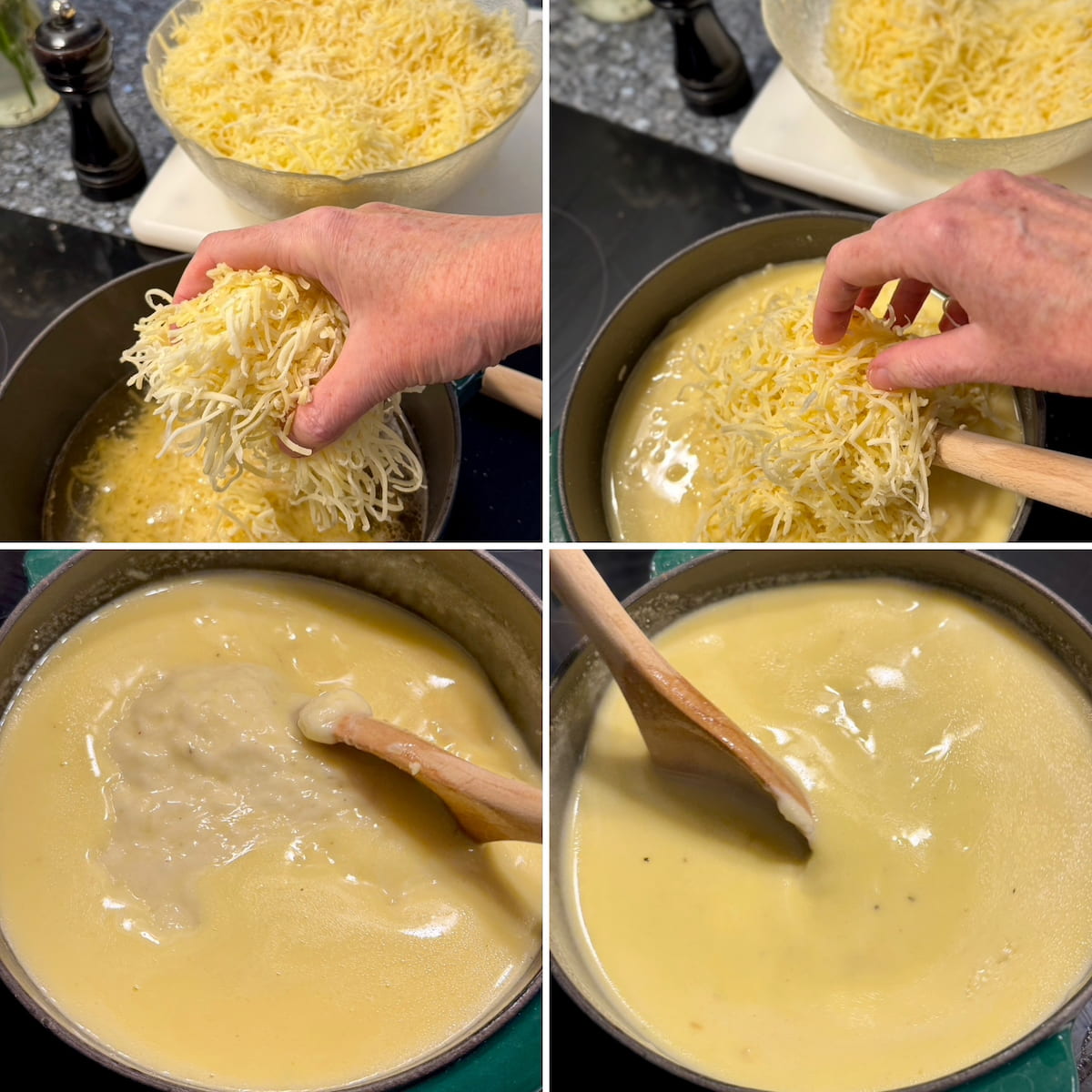 adding grated cheese gradually to heated wine in a pot and stirring with a wooden spoon until smooth