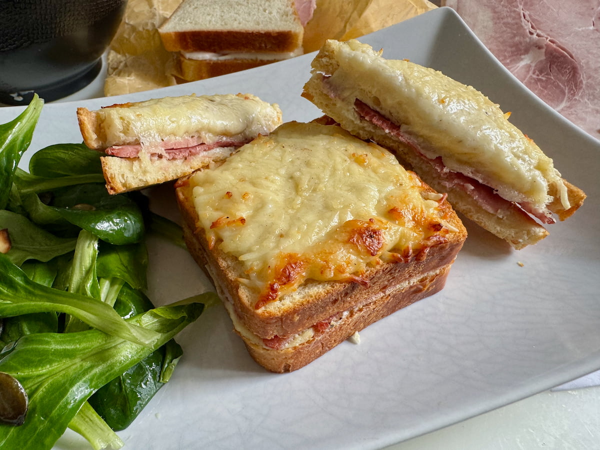 Oven baked Parisian croque monsieur sandwich with ham and cheese