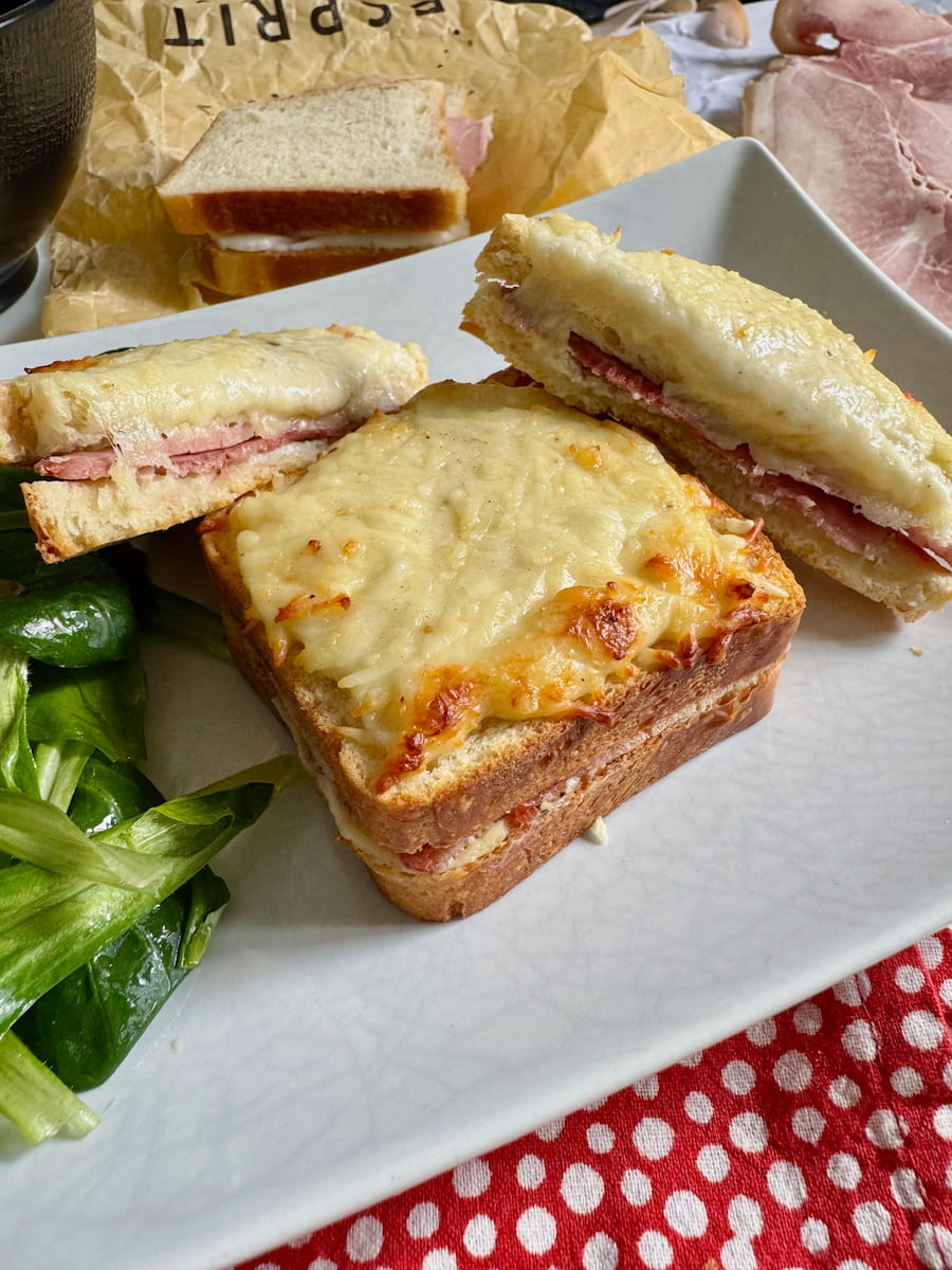 plate with two toasted ham and cheese sandwiches with a green salad