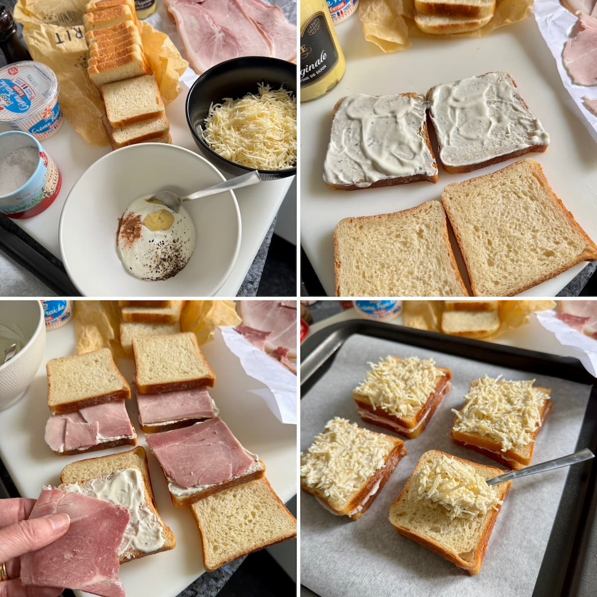 recipe steps for a Croque Monsieur with creme fraiche, Parisian ham slices and sandwich bread