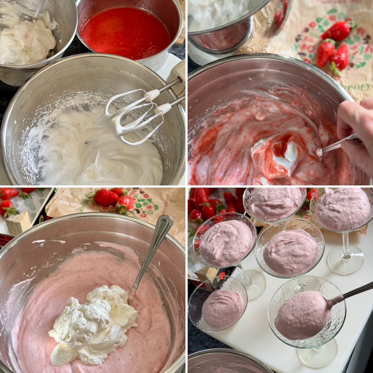 4 recipe stages to make a French strawberry mousse by whipping up cream, egg whites and folding together with fresh strawberry purée and gelatine